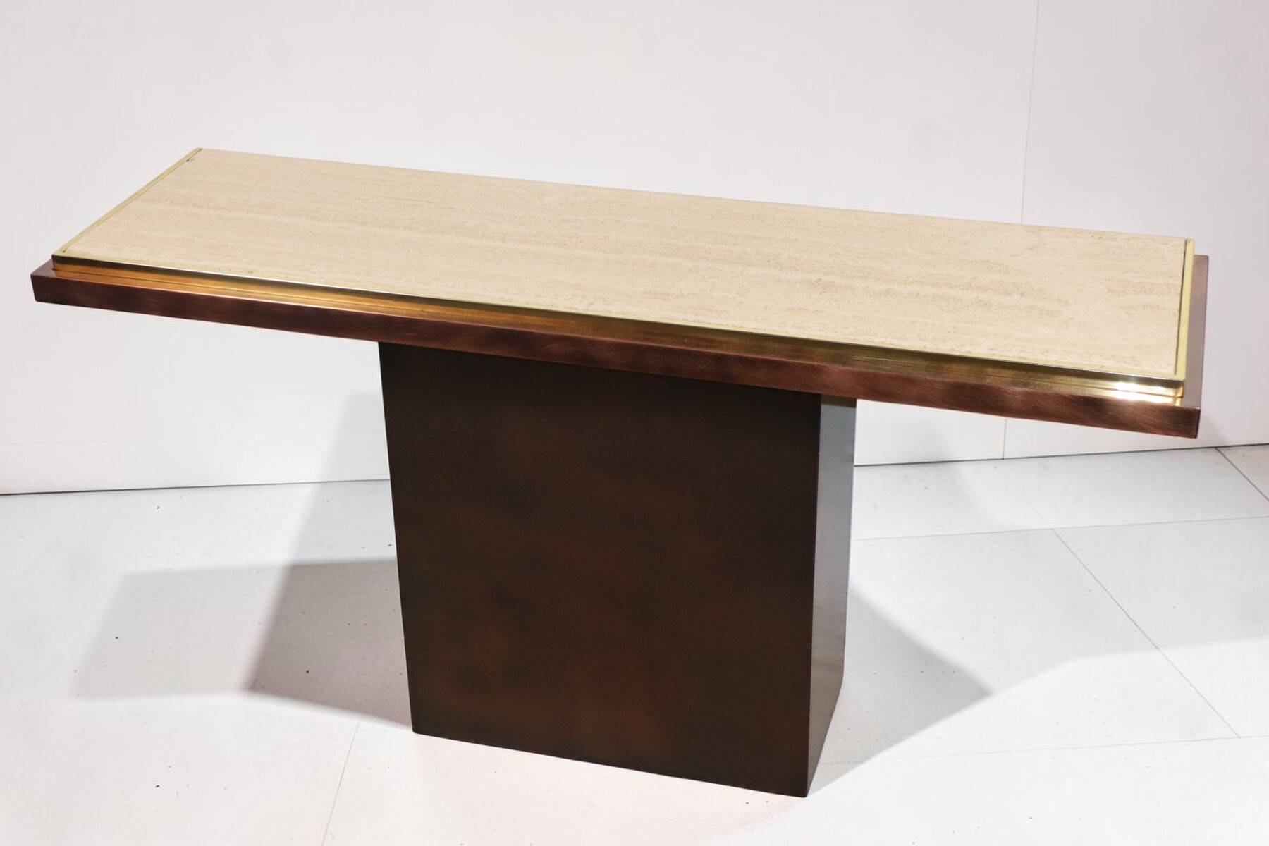 Minimalist console in travertine and patinated metal — 1970s