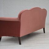 1950s, Danish 2-seater sofa, salmon pink furniture velour, oak wood legs.