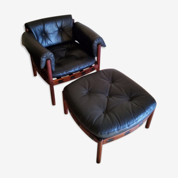 Armchair with vintage ottoman in black leather by Sven Ellekaer for Coja, 1970