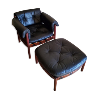 Armchair with vintage ottoman in black leather by Sven Ellekaer for Coja, 1970