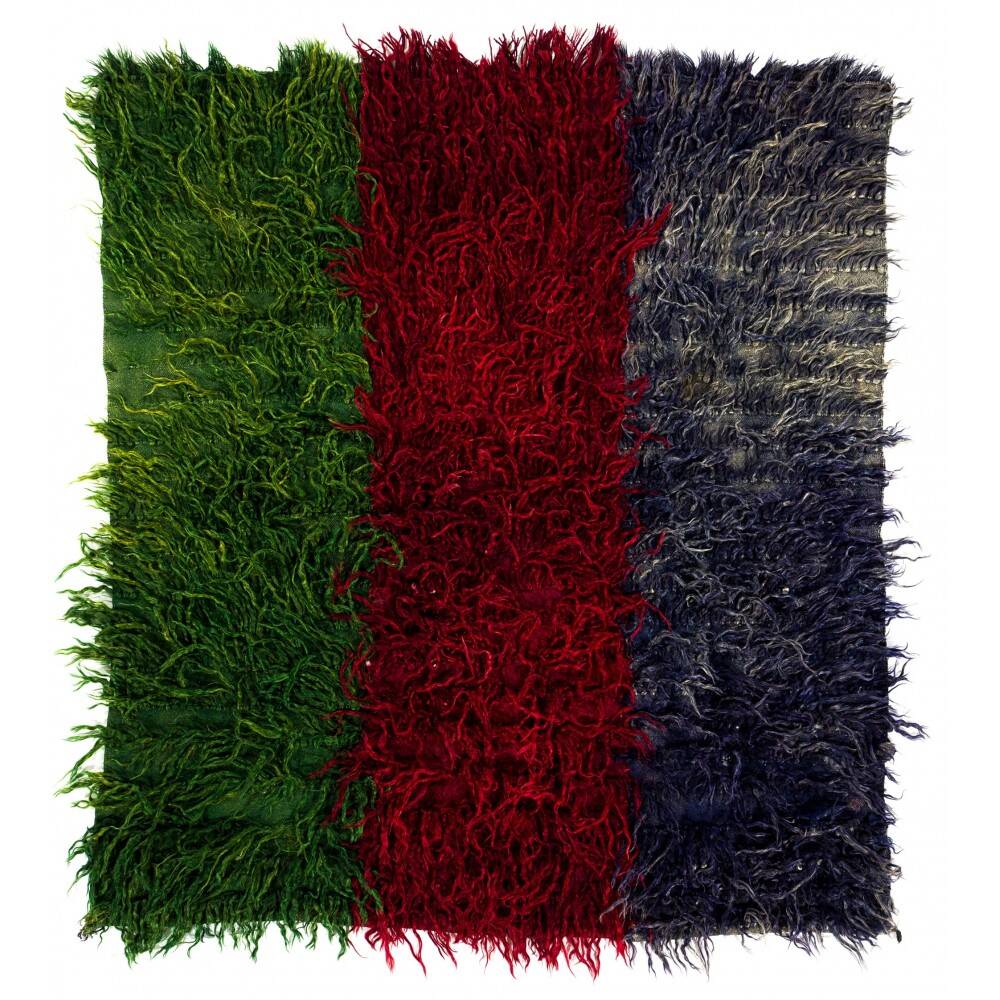 Vintage Hand-Knotted Tulu Rug with Green, Red and Navy Blue Color. 100% Mohair Wool