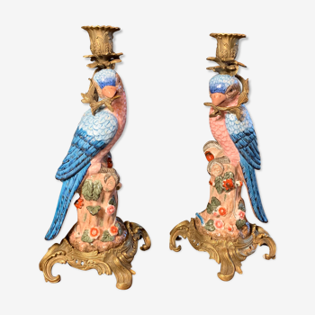 Pair of candle holders "Parrots"