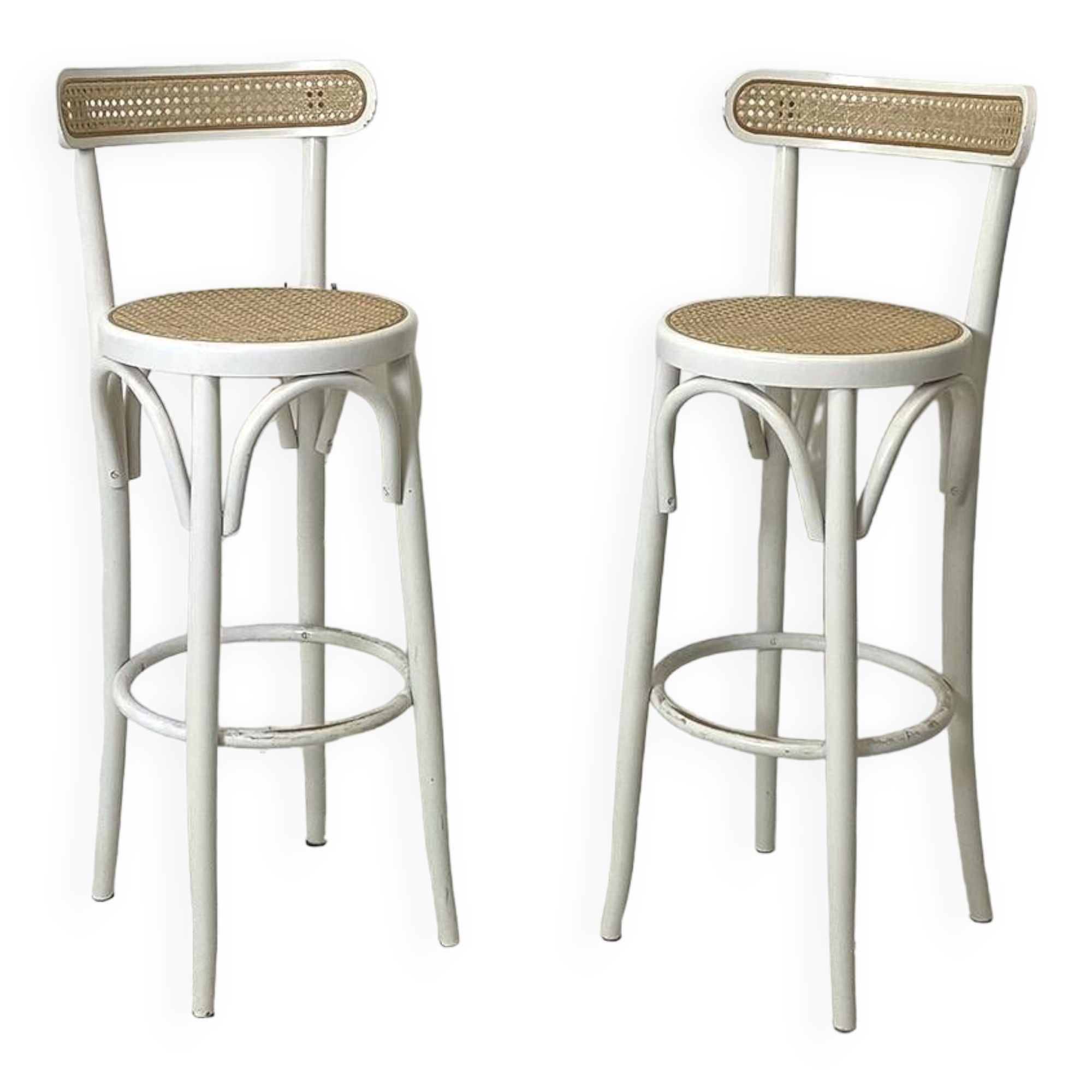 Paire de tabourets de bar bois et cannage