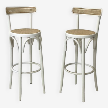 Pair of wooden and canning bar stools