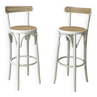 Pair of wooden and canning bar stools