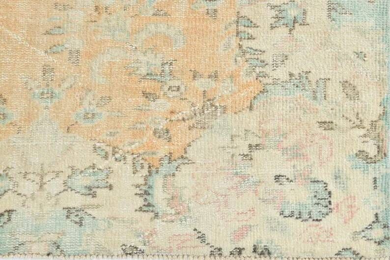 7x10 Vintage Turkish Rug, Orange Beige Floral Rug, Faded Wool Cotton Area Rug