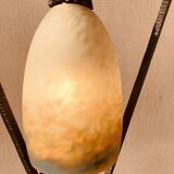 Art deco table lamp with hammered wrought iron base and tulip muller brothers lunéville signed
