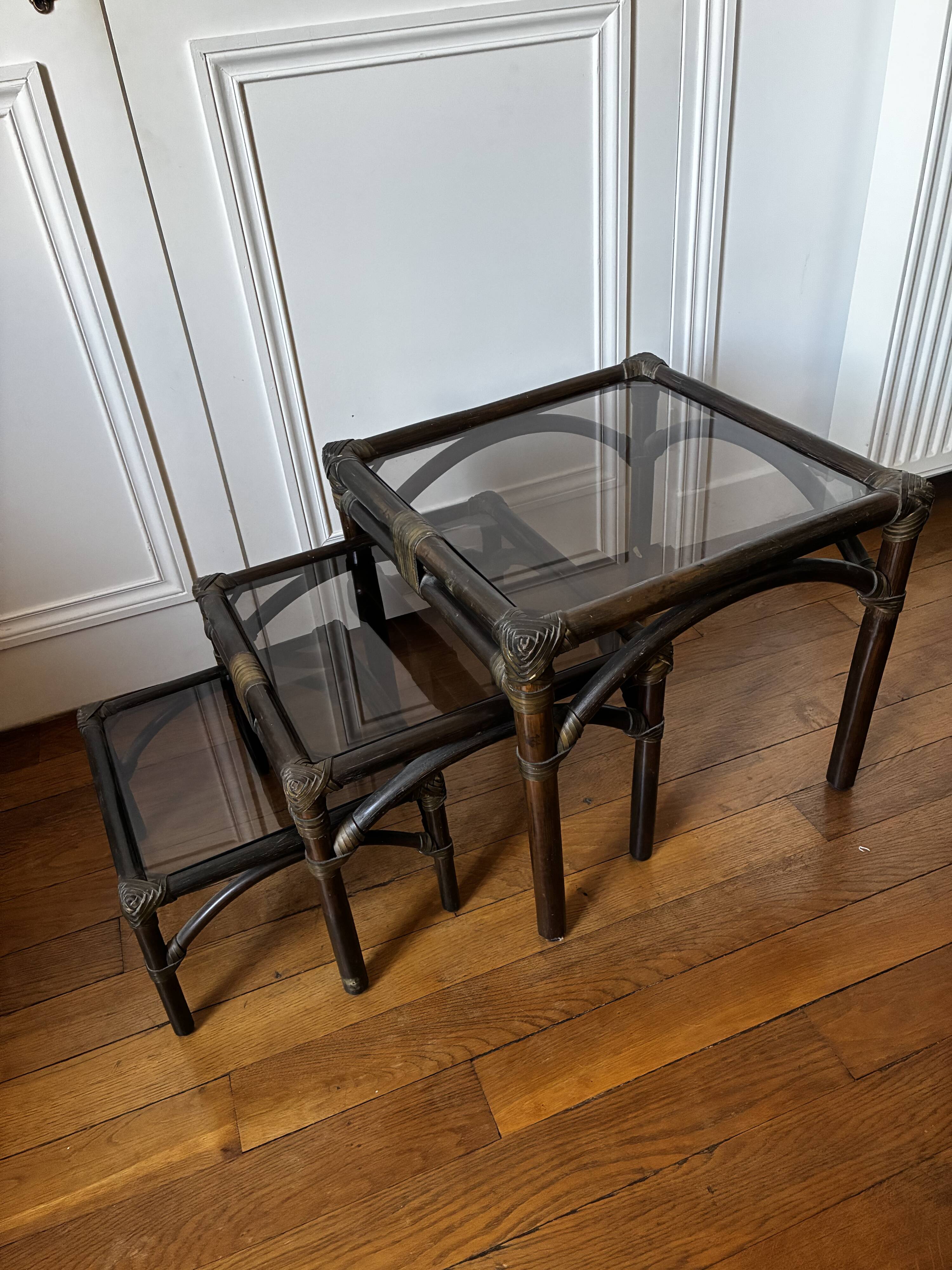 Bamboo and smoked glass nesting coffee tables