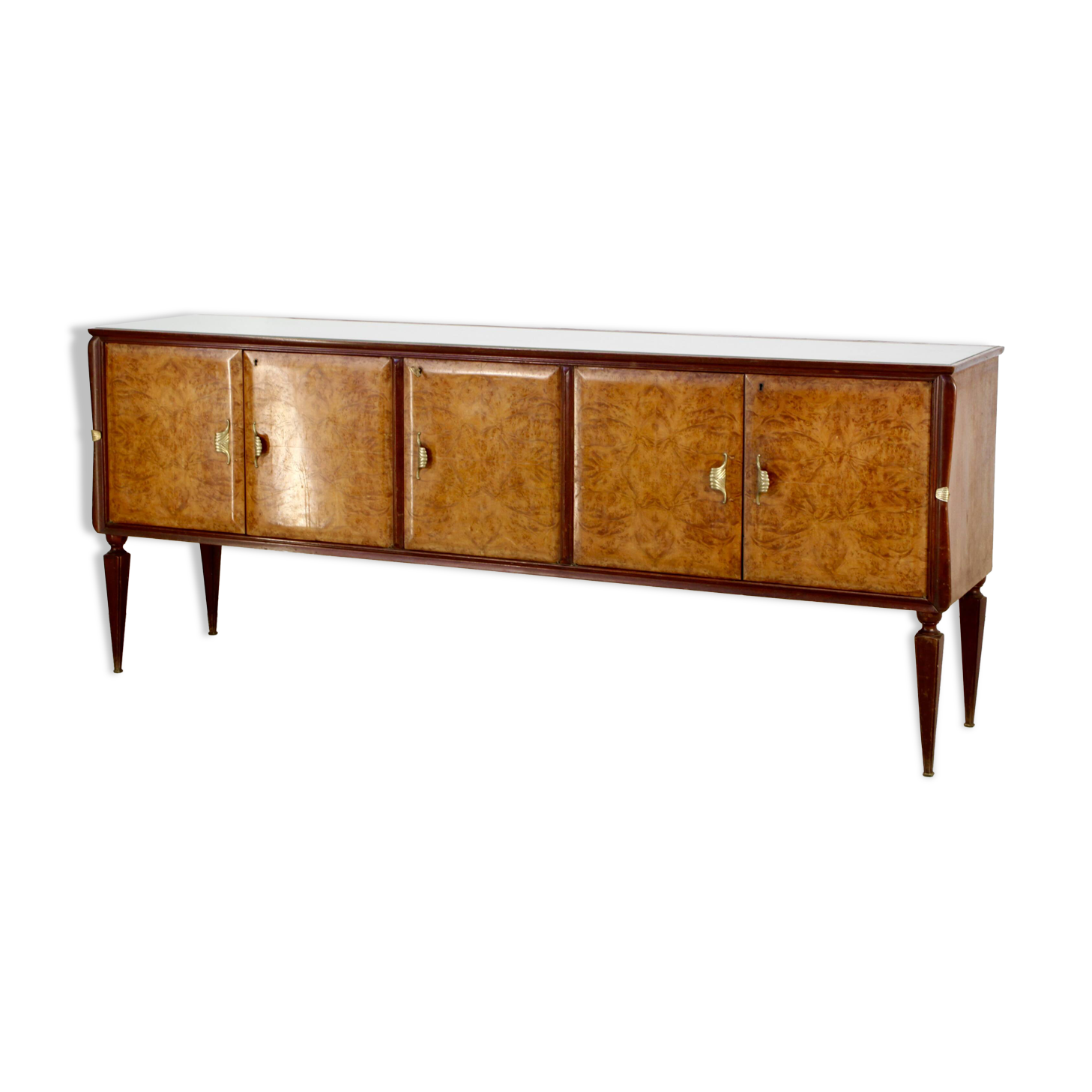 Midcentury Italian Sideboard In Walnut Root And Brass.