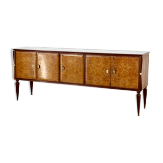 Midcentury Italian Sideboard In Walnut Root And Brass.