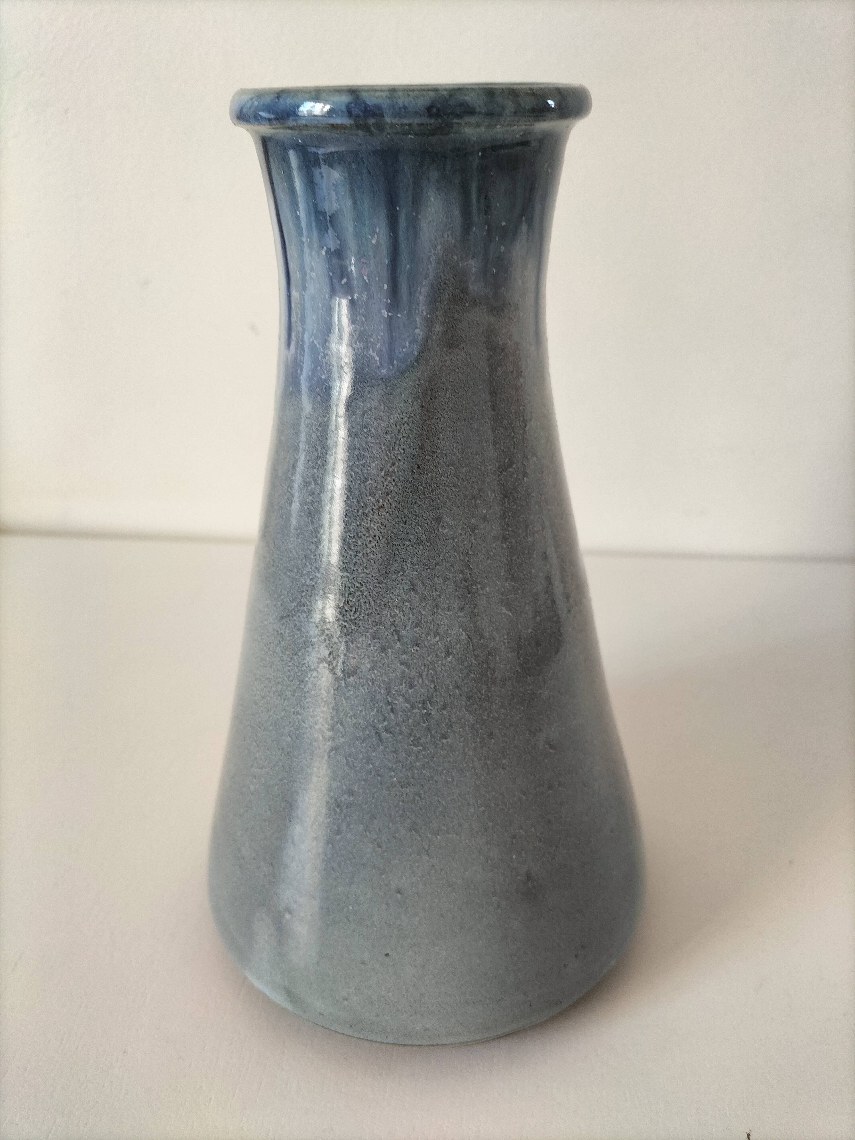 Glazed blue ceramic vase, Puisaye spirit, signed.