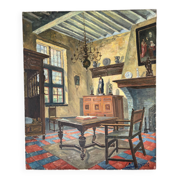 Interior of a Flemish house, oil on canvas signed