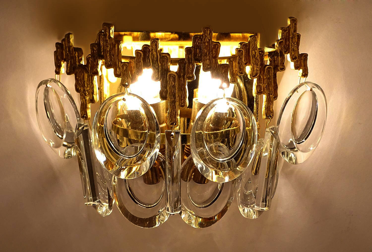 Pair of vintage wall lamps, gold fine gold, crystal, 60s