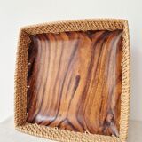 80s wooden and rattan tray - Vintage