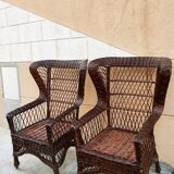 Duo of rattan wing chairs