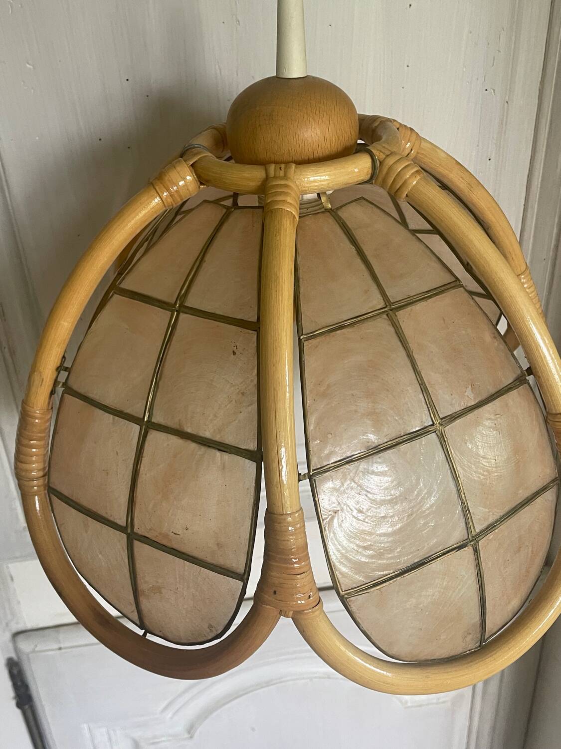 Vintage mother-of-pearl and rattan pendant light