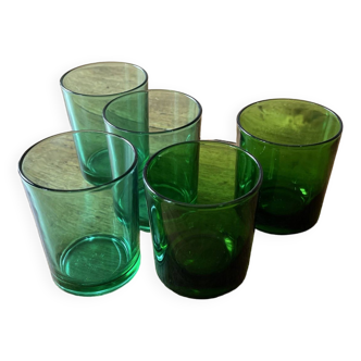 Lot of 5 vintage green glasses - Lesieur et Lever oil