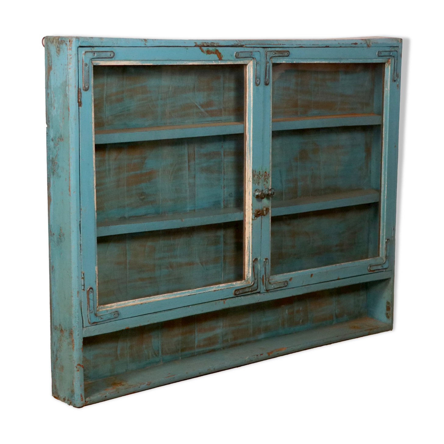 Old showcase in original blue patina Burmese teak
