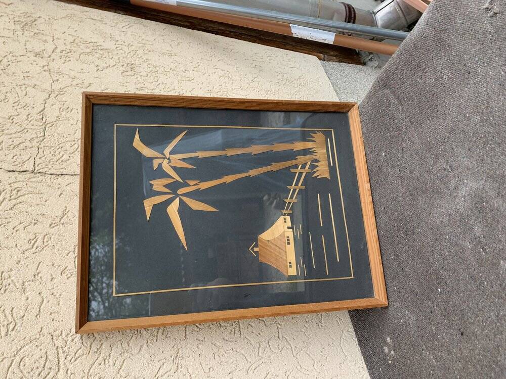 Vintage Hungarian wooden and glass table, artisanal marquetry, brown frame (1950s)