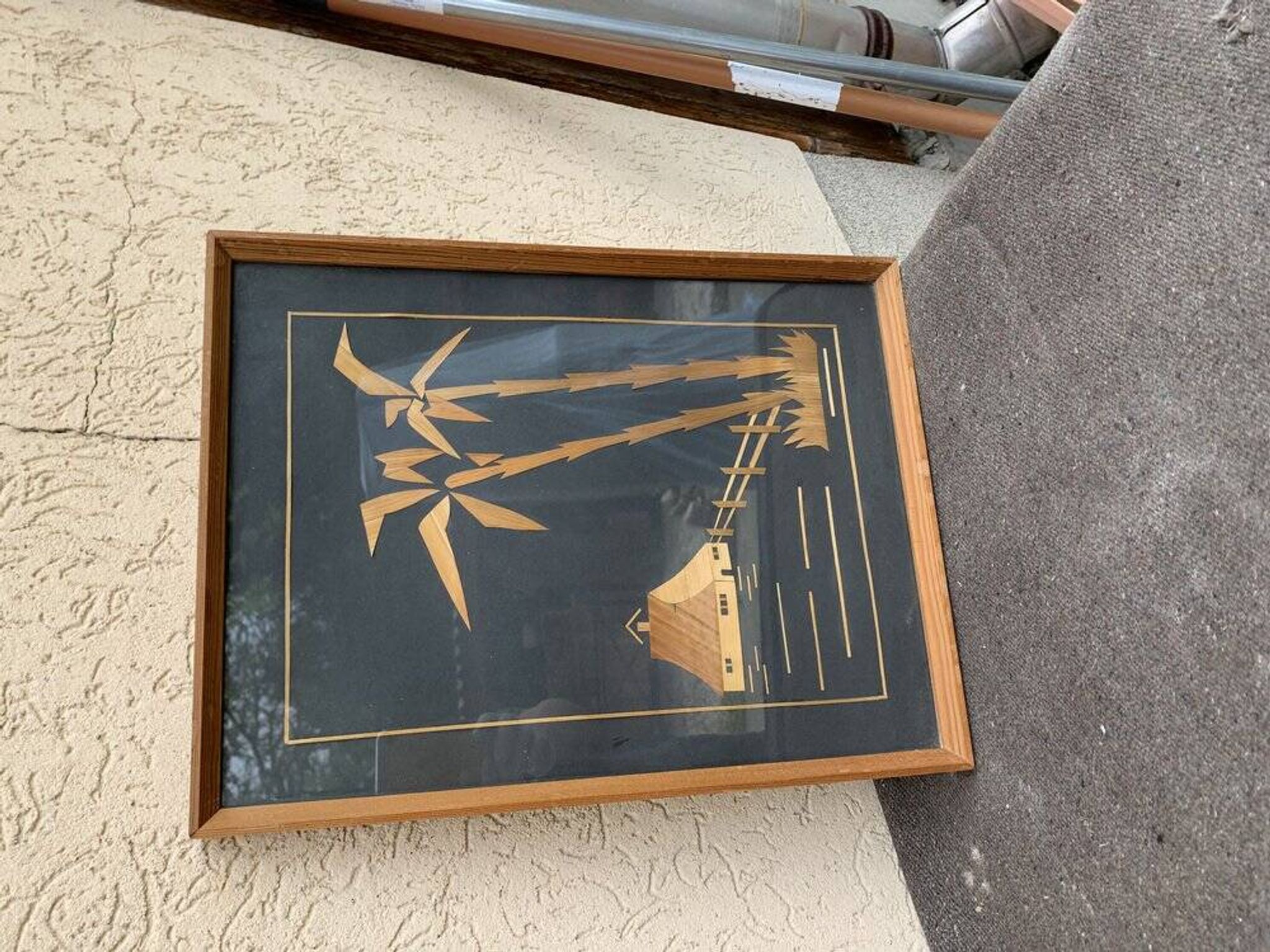 Vintage Hungarian wooden and glass table, artisanal marquetry, brown frame (1950s)