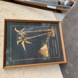 Vintage Hungarian wooden and glass table, artisanal marquetry, brown frame (1950s)