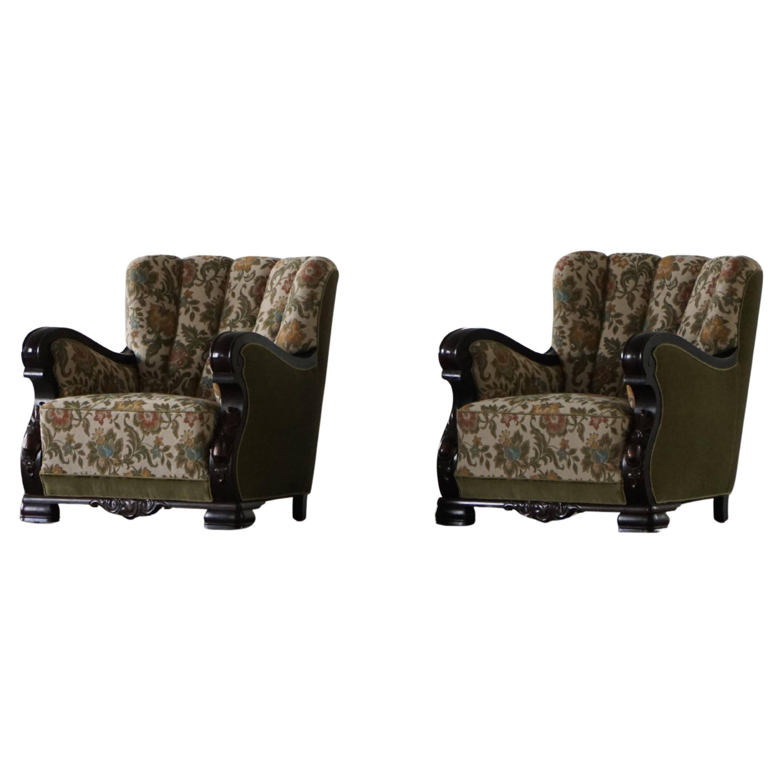 Pair of Danish Art Nouveau armchairs in embroidered floral velvet, 1920s.