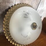 Ancien plafonnier verre gravé + contour métal doré vintage