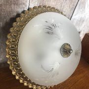 Old engraved glass ceiling light + vintage gold metal contour