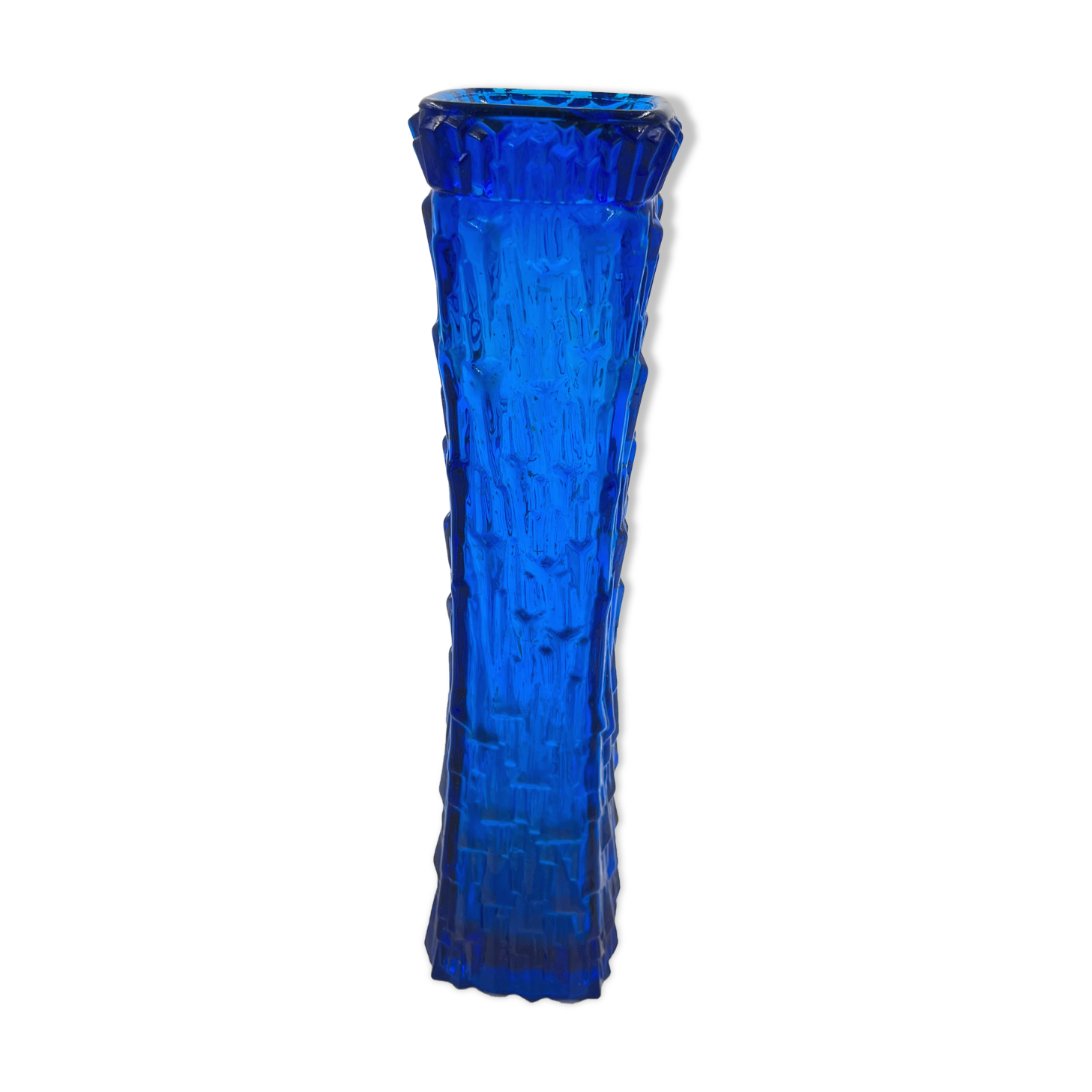 Blue glass vase with relief
