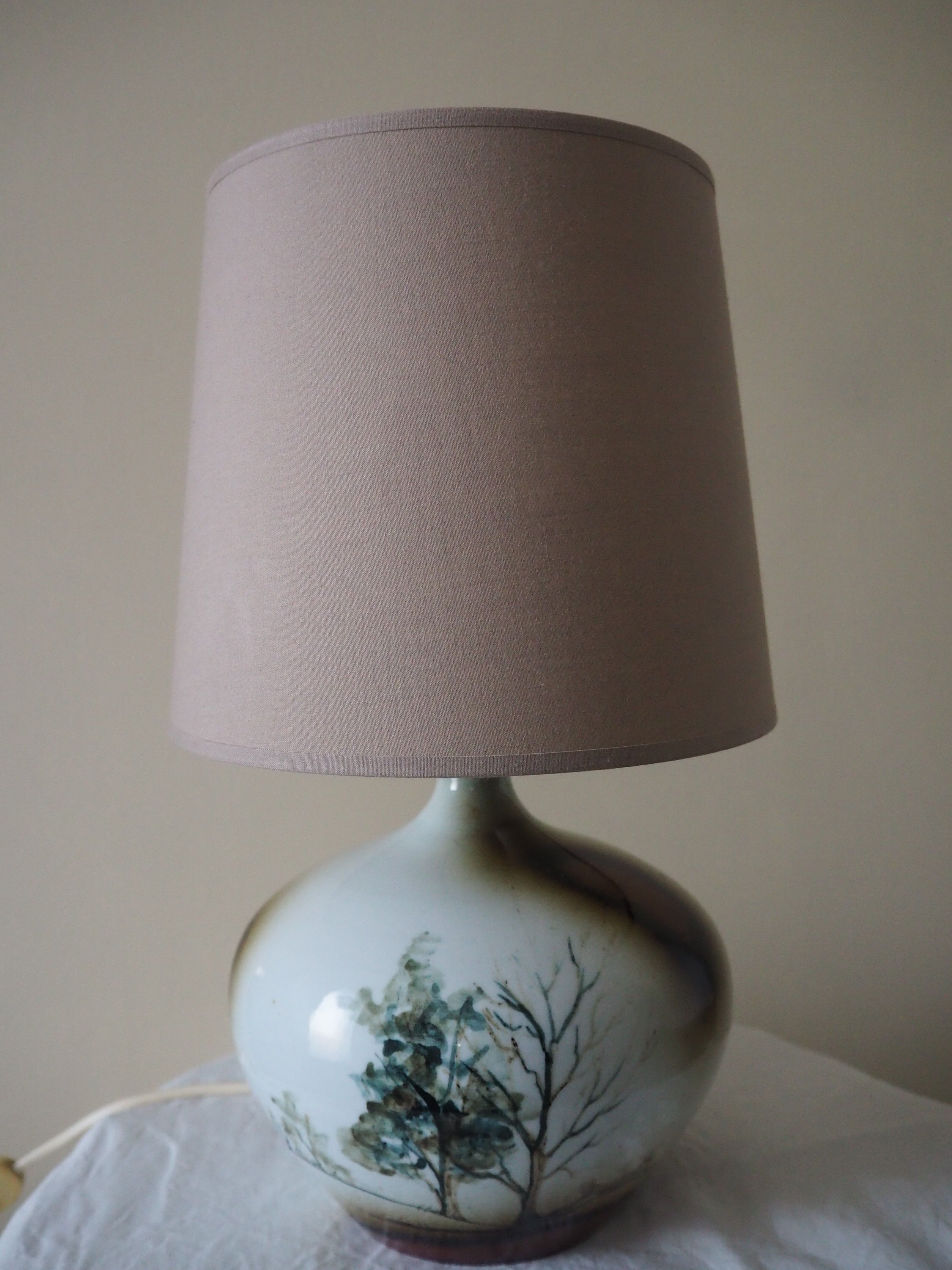 Enamelled ceramic ball lamp signed bossis and fabric lampshade