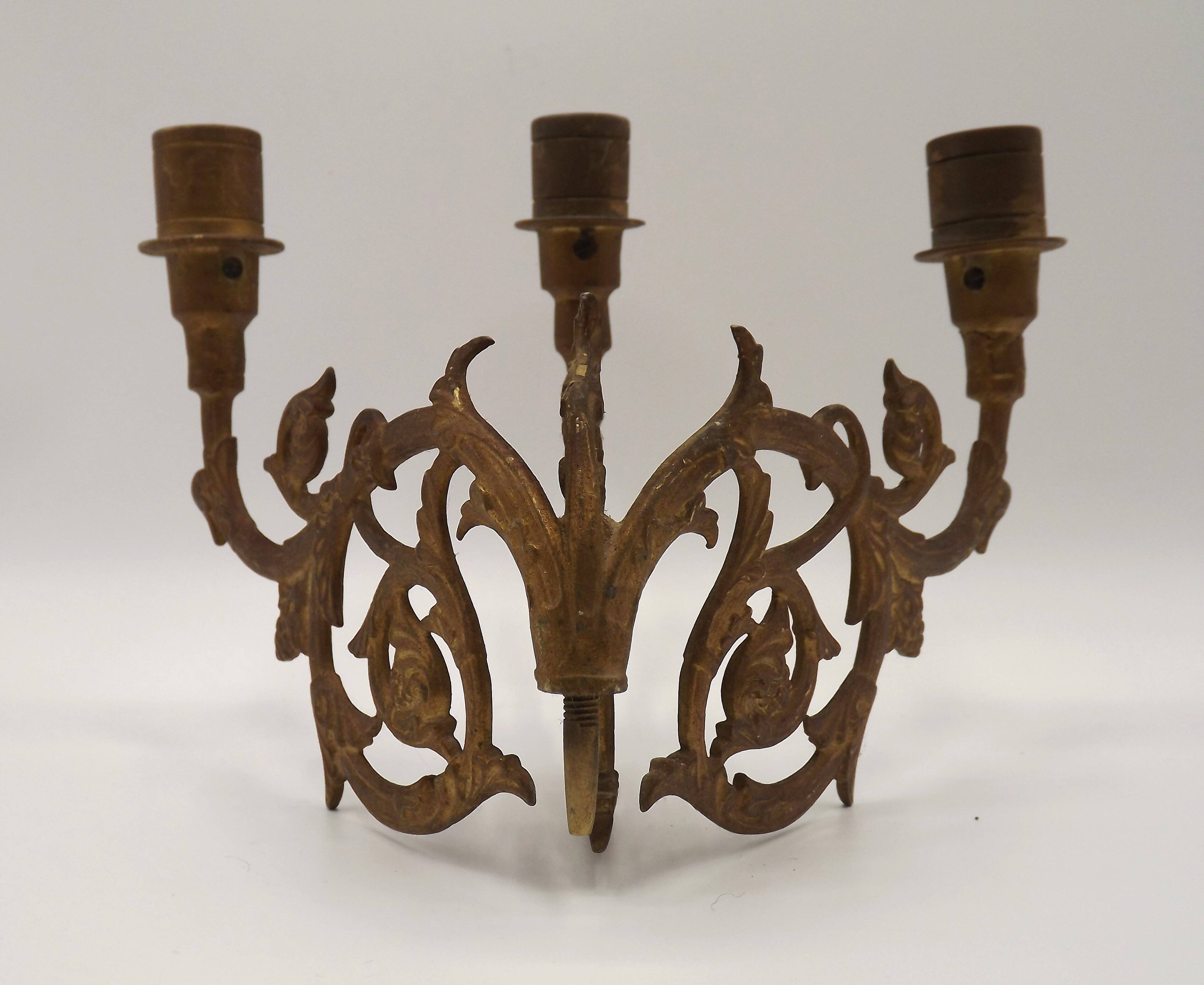 Stunning Pair of Large Antique 3-Arm Gilt Bronze Piano Sconce Candle Holders 4916