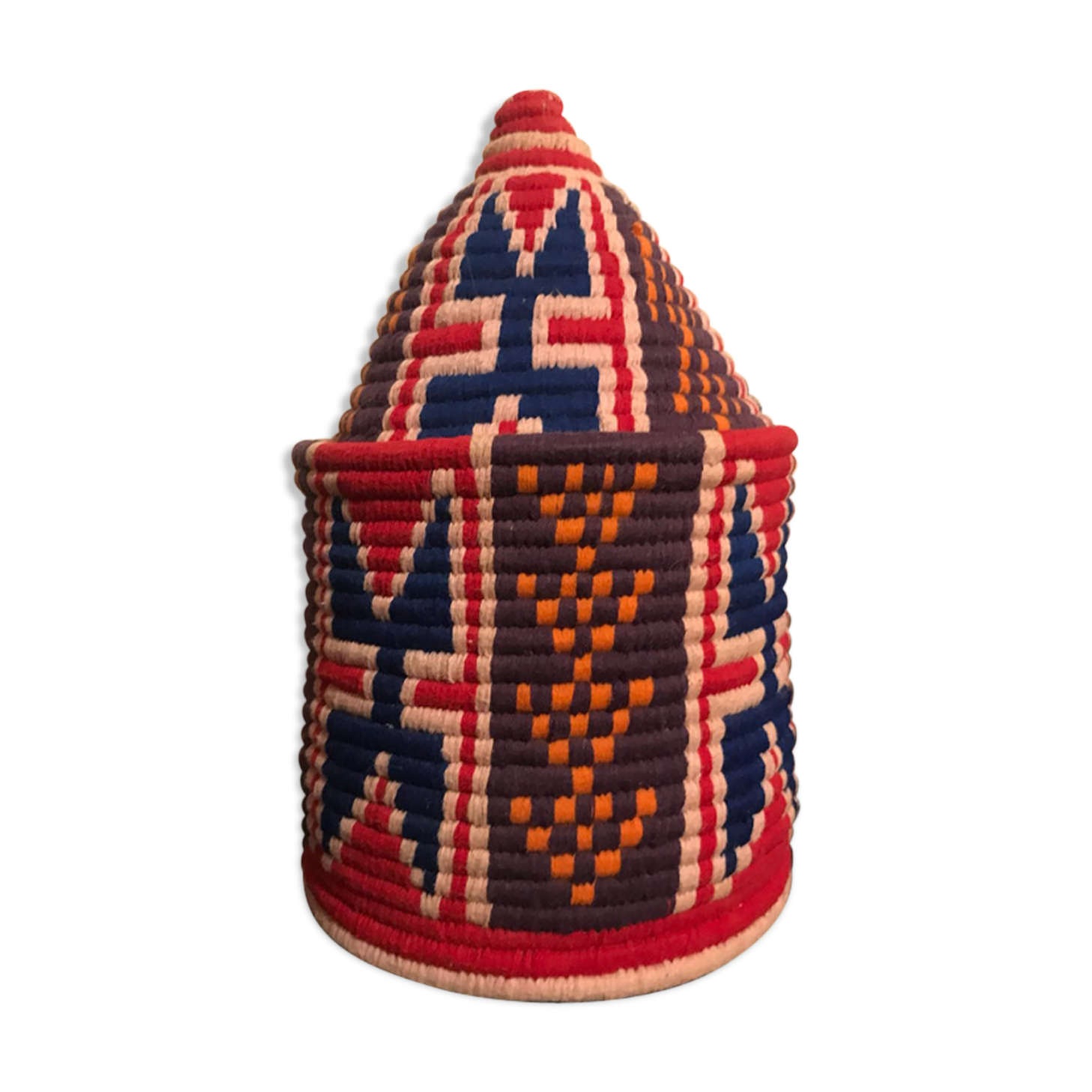 Berber wool and red and blue raffia basket