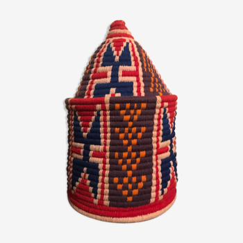 Berber wool and red and blue raffia basket