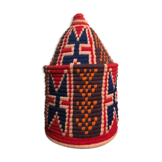 Berber wool and red and blue raffia basket