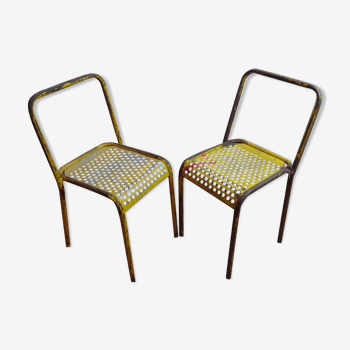 Yellow metal perforated metal chairs 1940/50