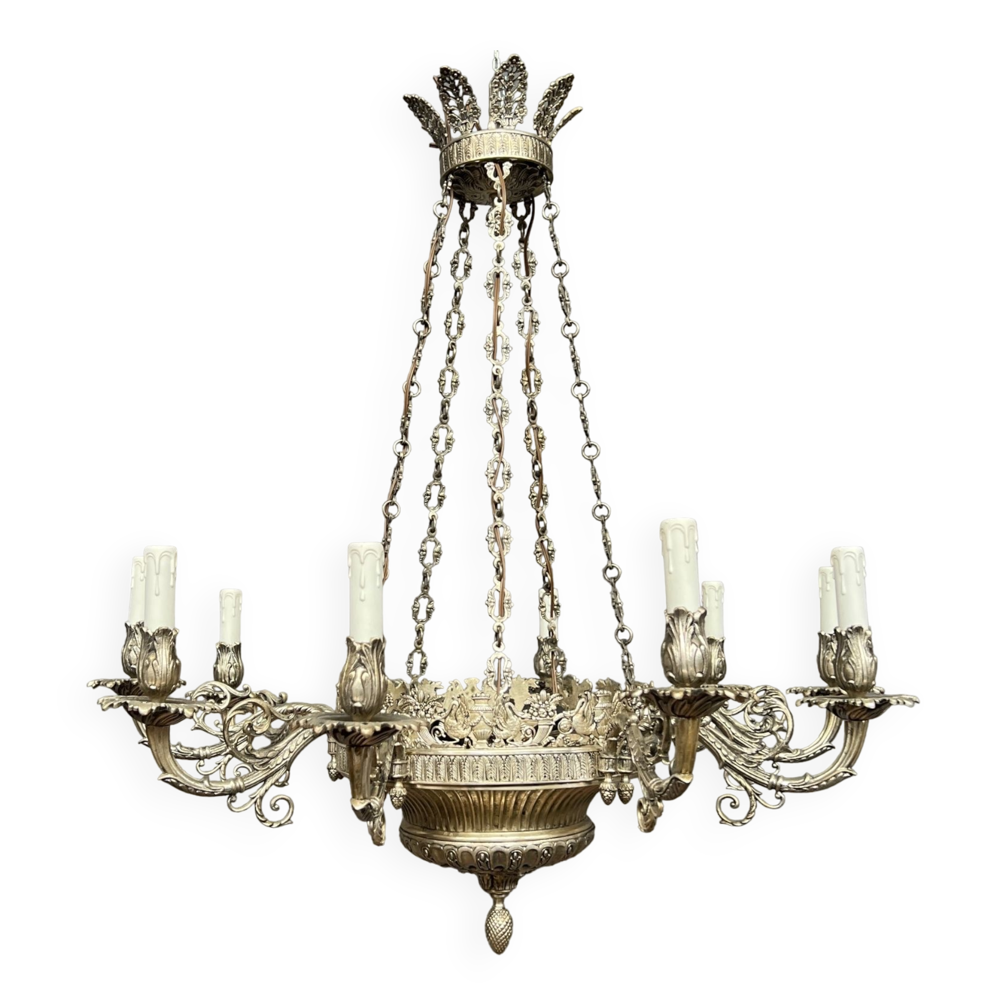 Grand lustre ancien rare en bronze massif argenté de style Empire 12 points lumineux.
