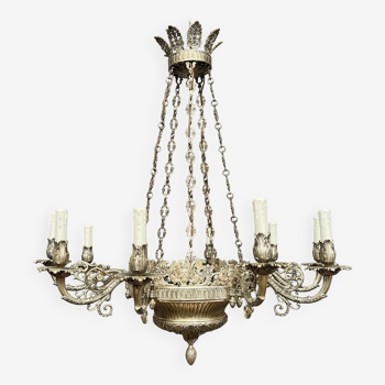Large rare old chandelier in solid silvered bronze in Empire style 12 light points.