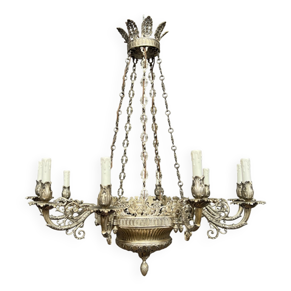 Grand lustre ancien rare en bronze massif argenté de style Empire 12 points lumineux.