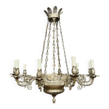 Large, rare antique chandelier in solid silver-plated bronze, Empire style, 12 light points.