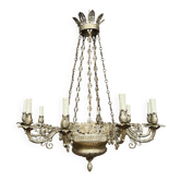 Grand lustre ancien rare en bronze massif argenté de style Empire 12 points lumineux.