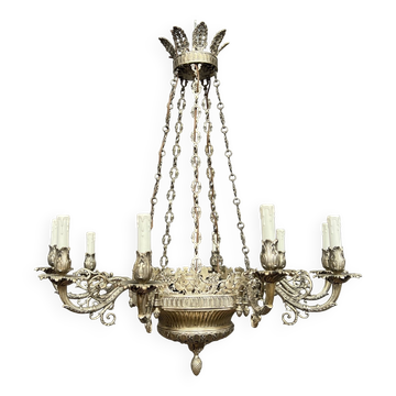 Grand lustre ancien rare en bronze massif argenté de style Empire 12 points lumineux.