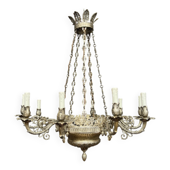 Large rare old chandelier in solid silvered bronze in Empire style 12 light points.