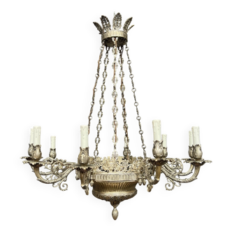 Grand lustre ancien rare en bronze massif argenté de style Empire 12 points lumineux.