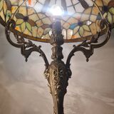 antique 19th century bronze rocaille lamp with a beautiful glass shade soldered with lead