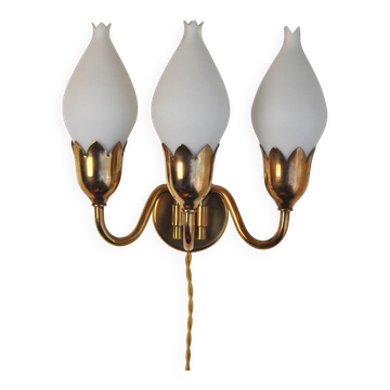 Fog & Mørup 3-Arm Brass and Opaline Glass Tulip Wall Lamp