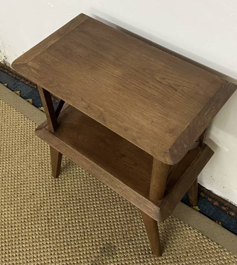 Bedside table with crossbars, vintage compass legs