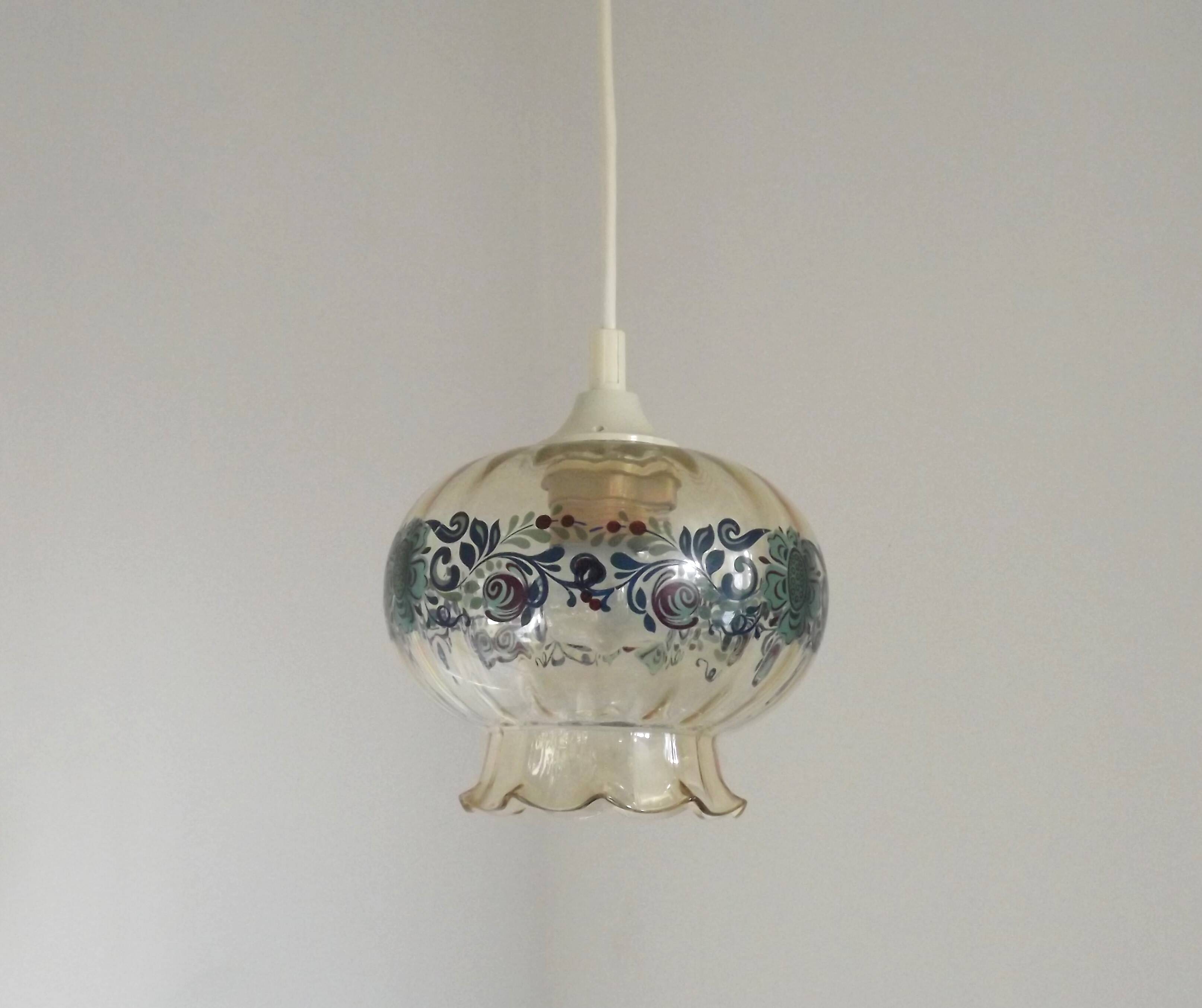 French Vintage Clear Glass Ceiling Light with Colourful Floral Decoration