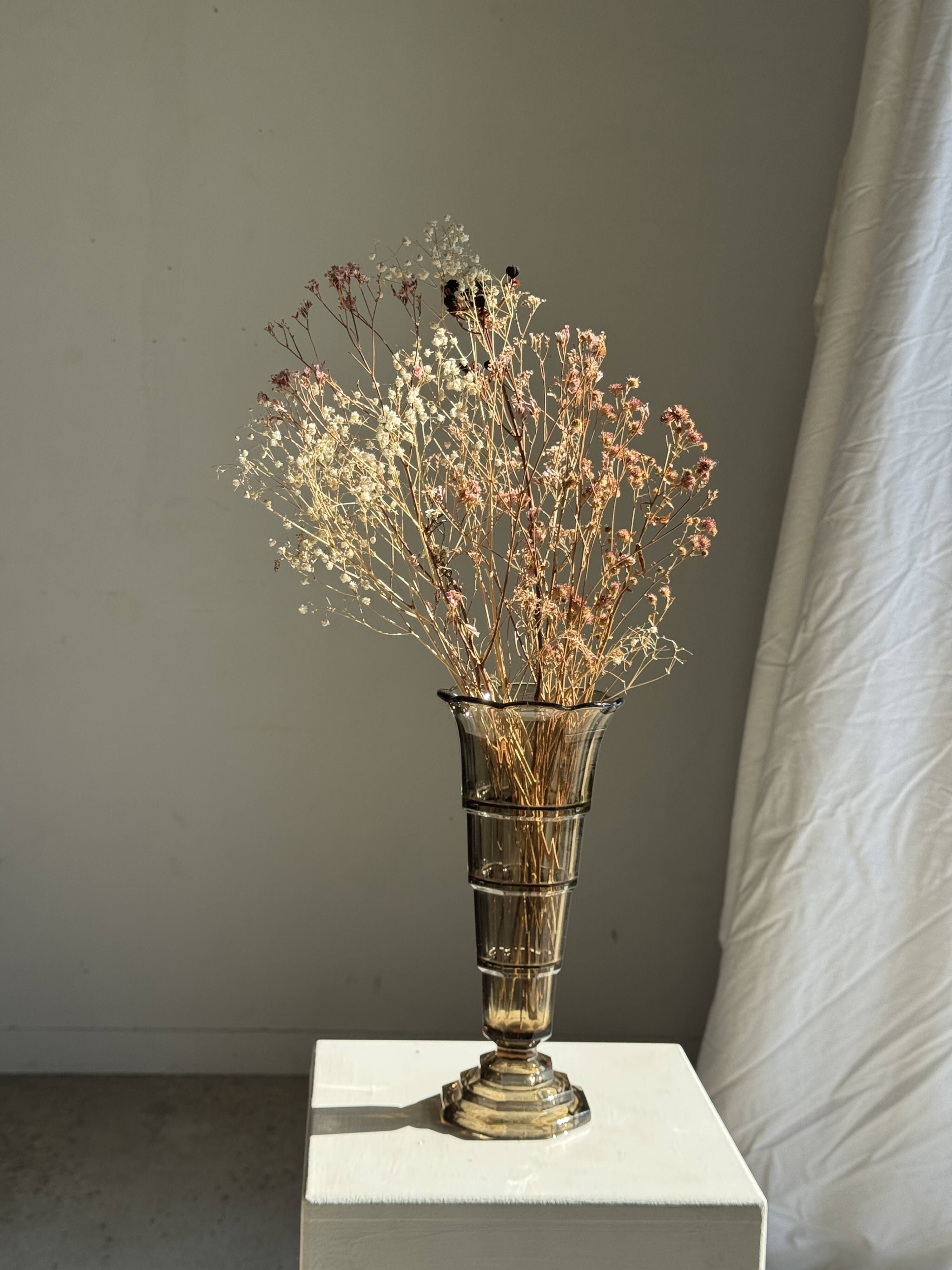 Flared Art Deco vase in smoked moulded glass with steps H30 W13.5