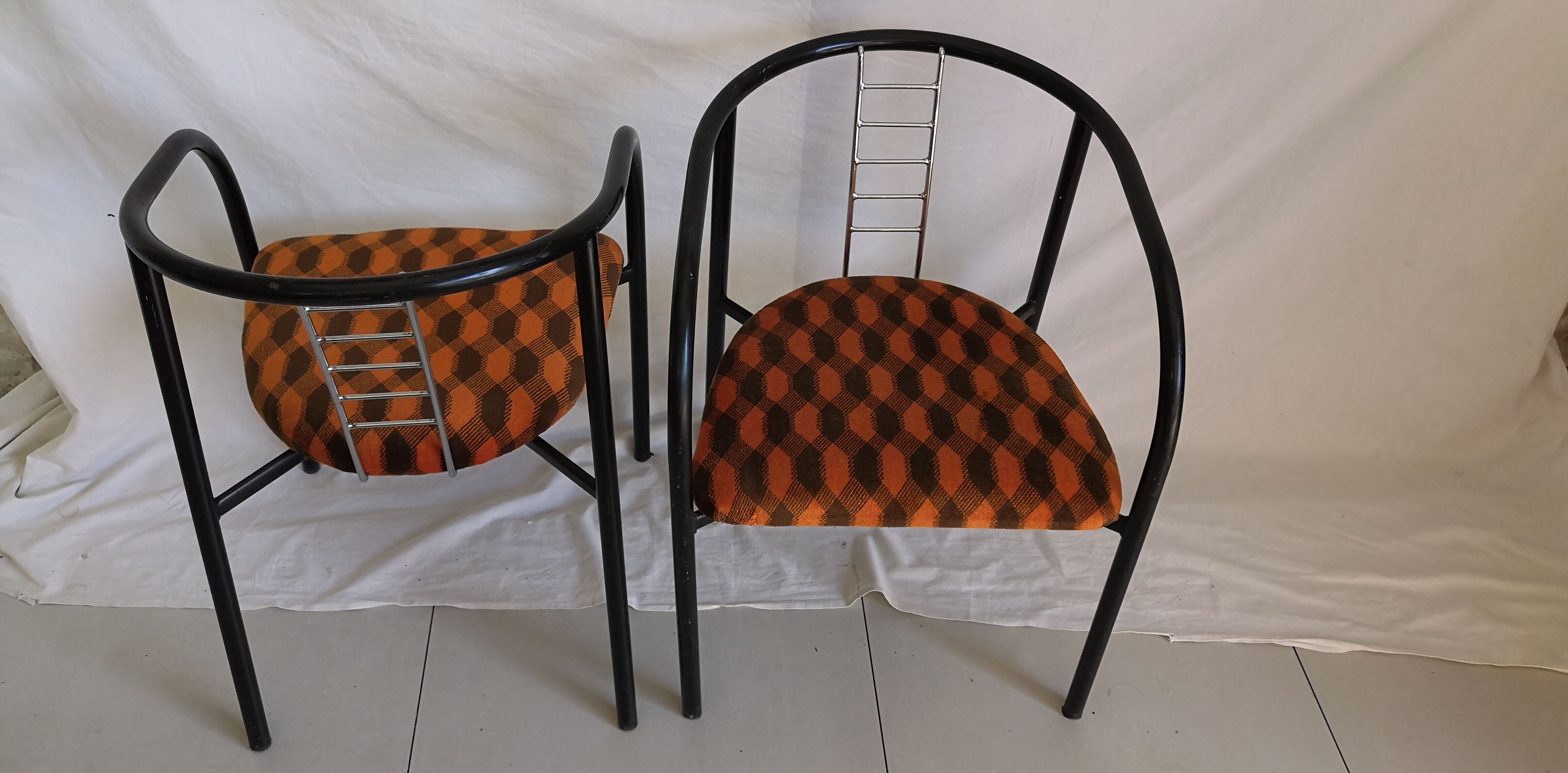 Duo of vintage metal and velvet armchairs