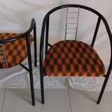 Duo of vintage metal and velvet armchairs